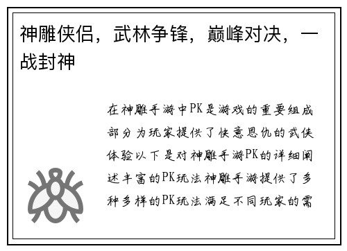 神雕侠侣，武林争锋，巅峰对决，一战封神